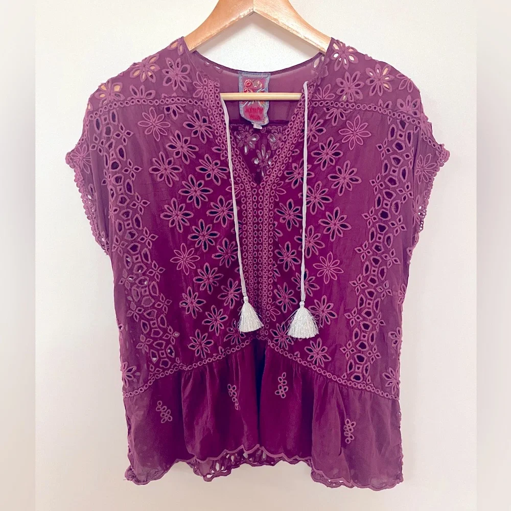 Johnny Was Leith Bohemian Eyelet Top Purple XS - Picture 5 of 16